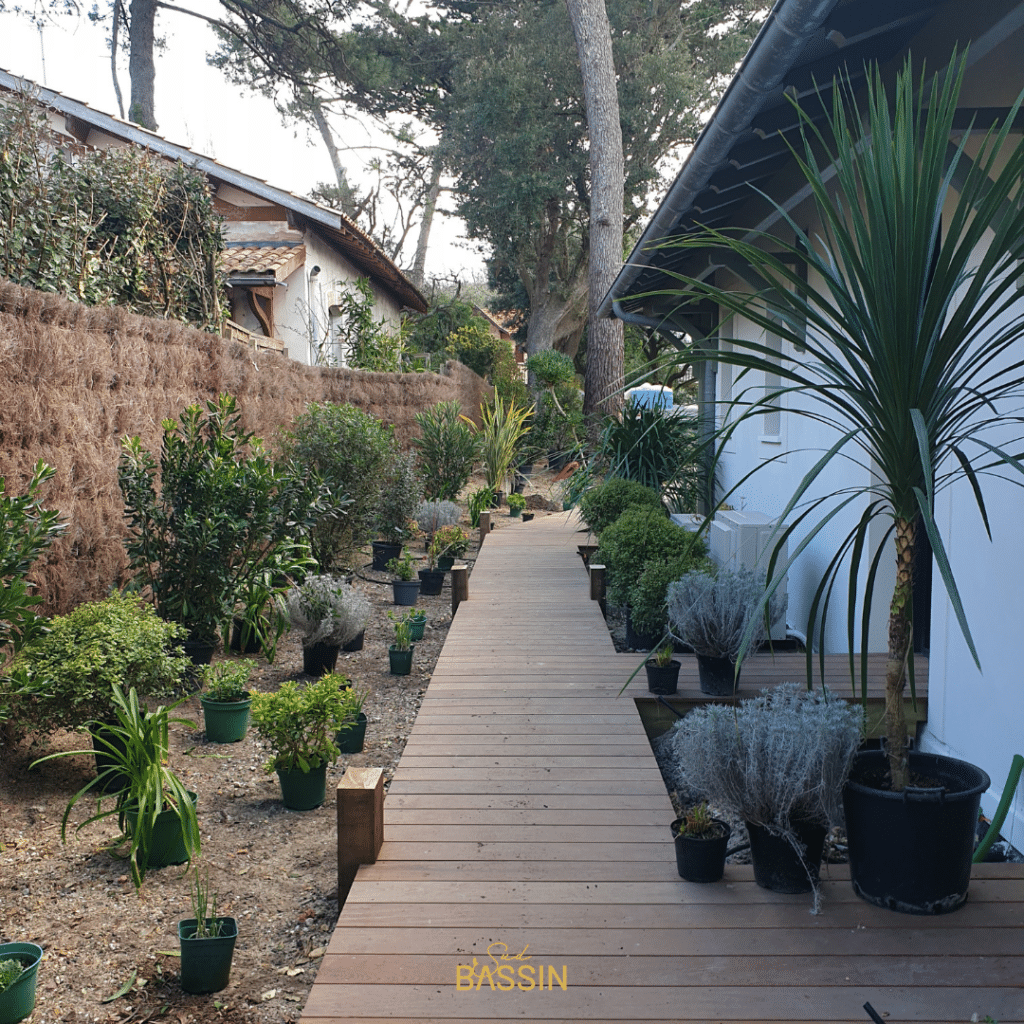 Aménagement Jardin avec Chemin en Bois | Sud BASSIN Allée en bois traversant un jardin paysager avec de nombreuses plantes en pots et le logo Sud BASSIN.