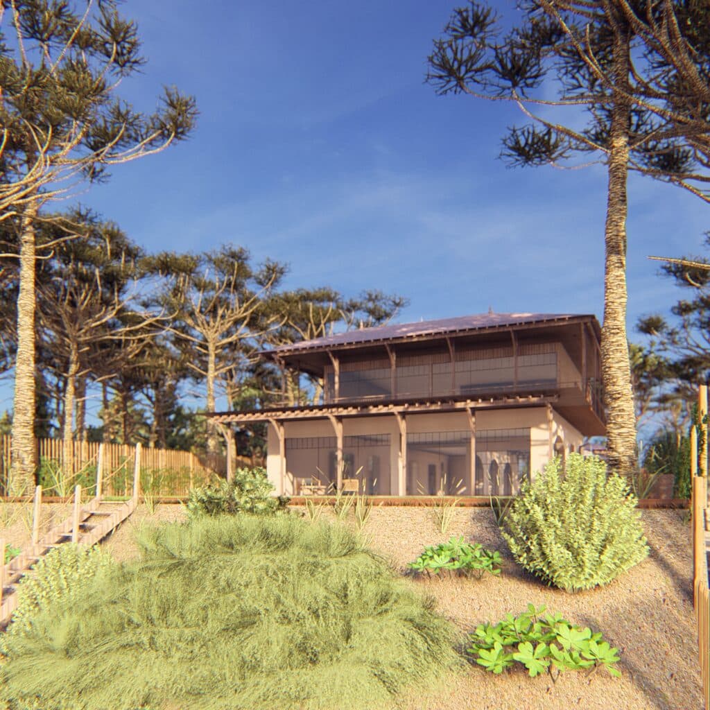 Villa moderne en bois au cœur d'une forêt d'araucarias Maison moderne en bois à deux étages parmi des pins araucaria sur une pente ensablée sous un ciel bleu dégagé.
